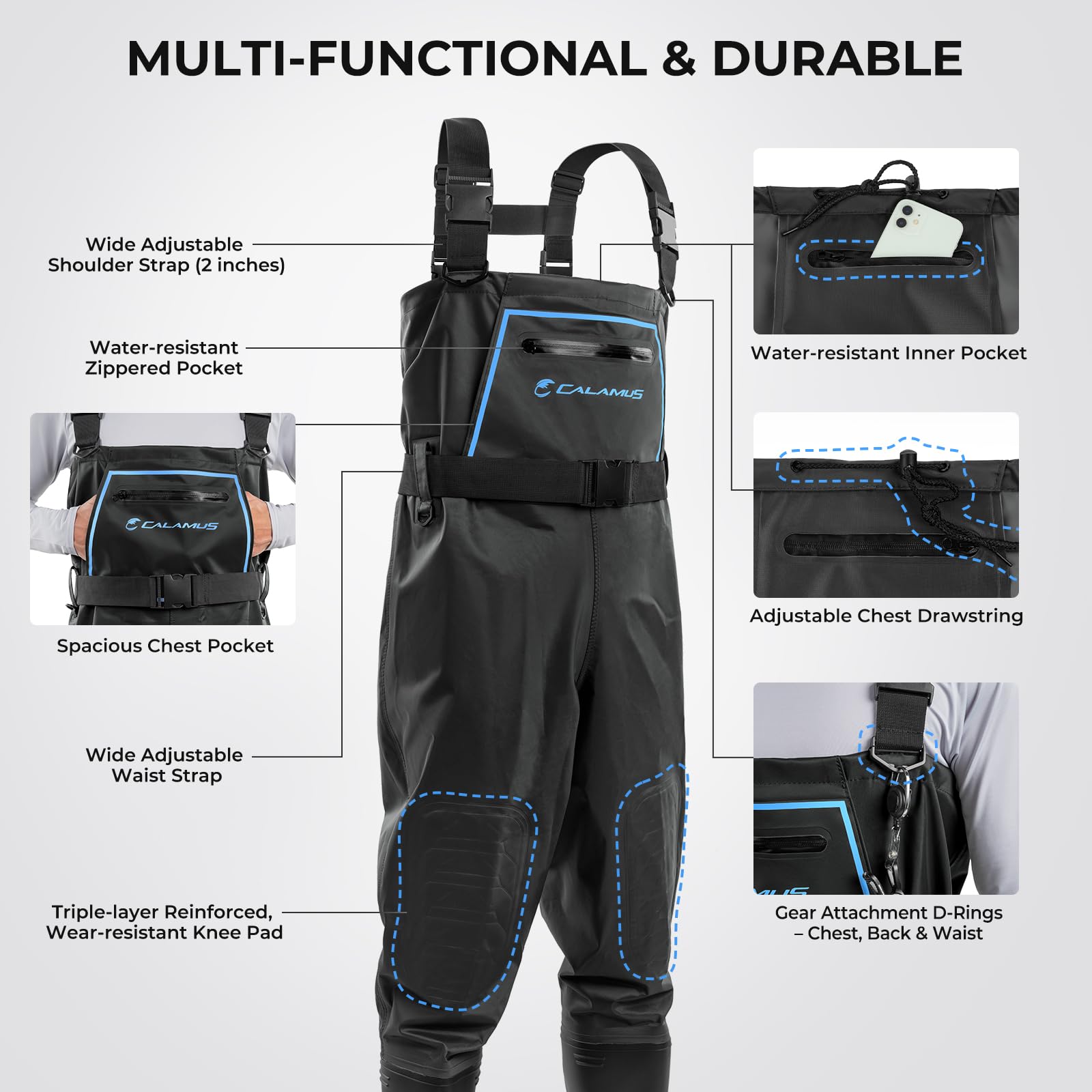 Calamus WaveWalker Fishing Waders with adjustable shoulder straps for a secure, customizable fit.