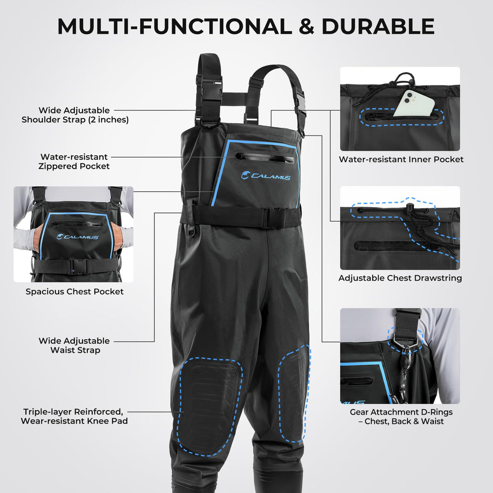 Calamus WaveWalker Fishing Waders with adjustable shoulder straps for a secure, customizable fit.