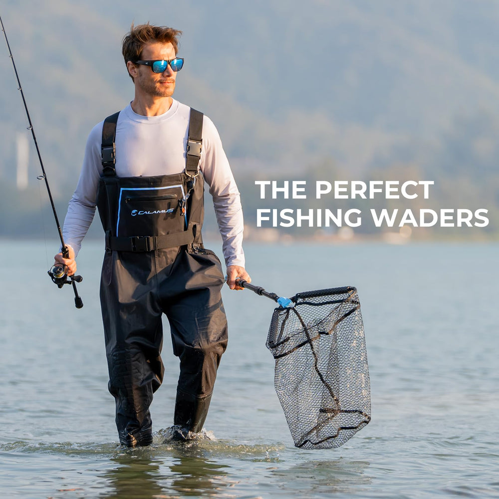 Calamus WaveWalker waders illustrate adjustable and removable shoulder straps for a customized fit.