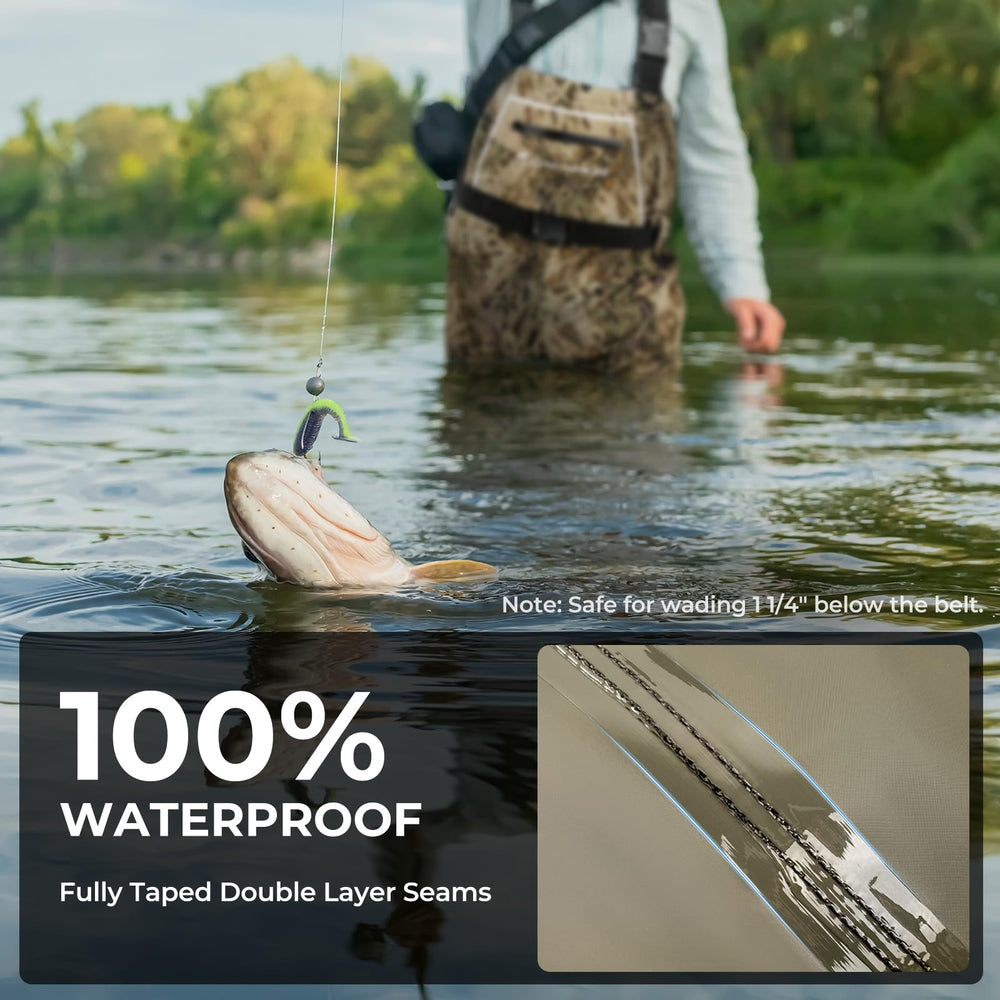 Calamus WaveWalker waders taped seams prevent leaks during long days on the water