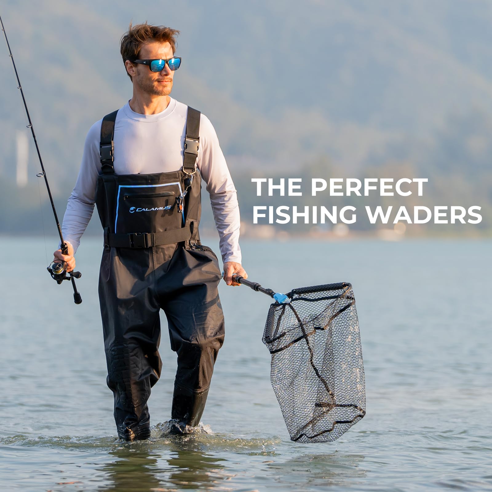 Calamus WaveWalker Fishing Waders with wader hanger included for organized storage.