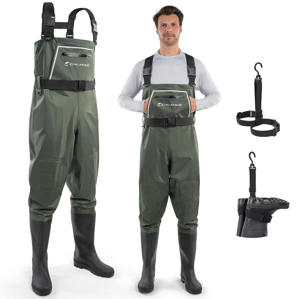 Calamus WaveWalker waders side view in military green for rugged fishing days