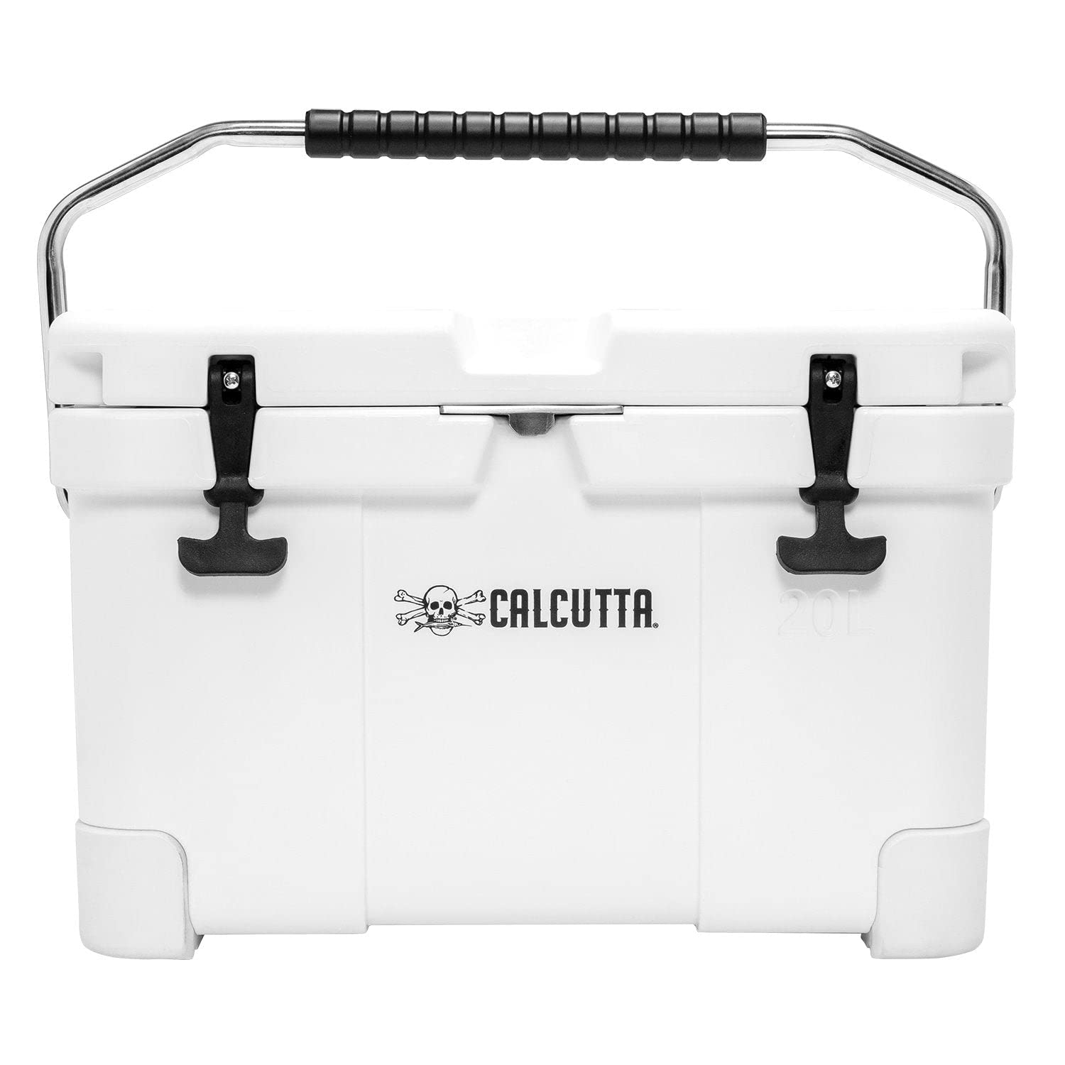 Calcutta hard cooler with built-in light and drain plug, ideal for fishing and camping.