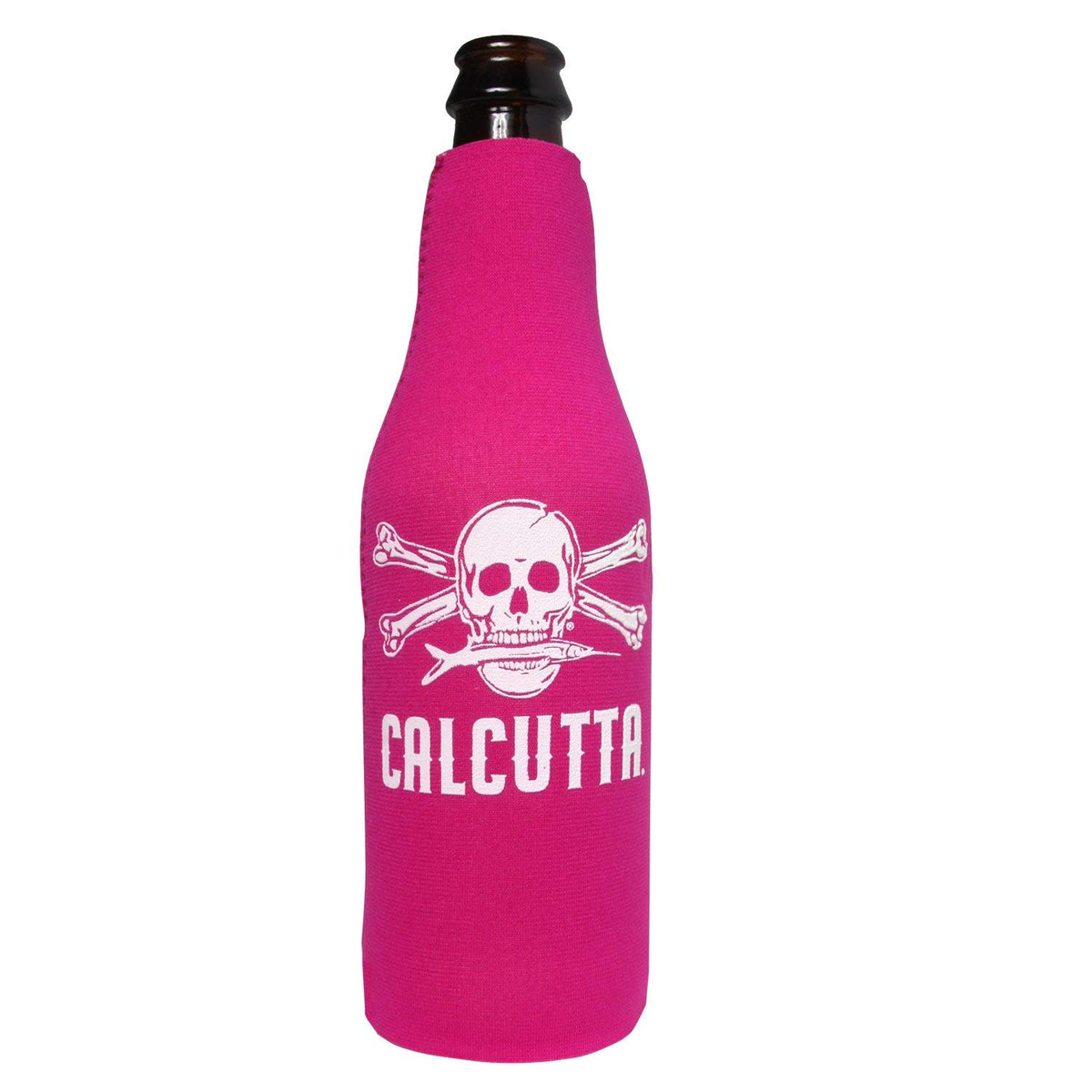 Calcutta Outdoors bottle cooler with fuchsia cover keeps drinks cold on the go.