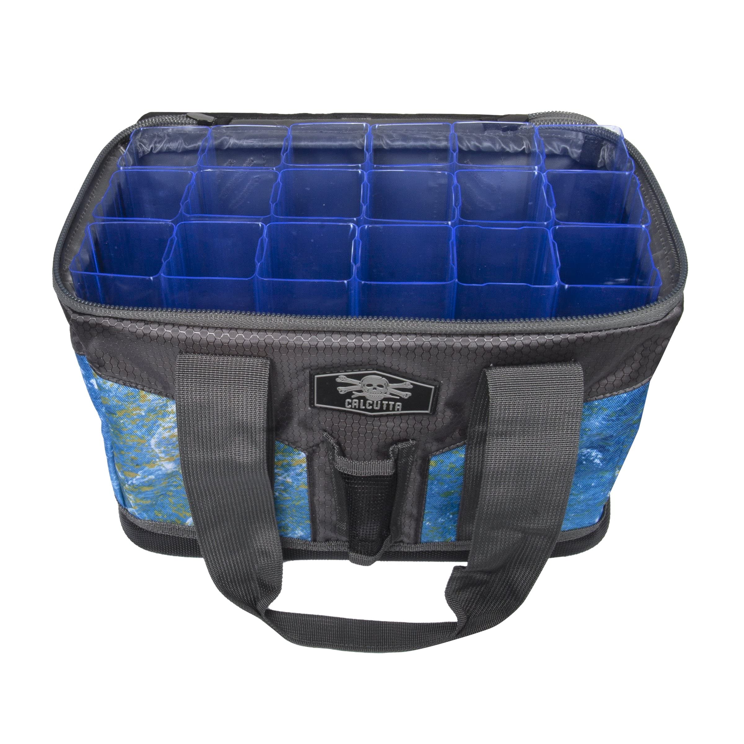 Calcutta Squall small jig bag in camo blends with gear aboard
