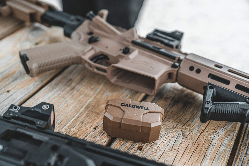 Caldwell E-Max Shadows charging case keeps the battery ready on the go.