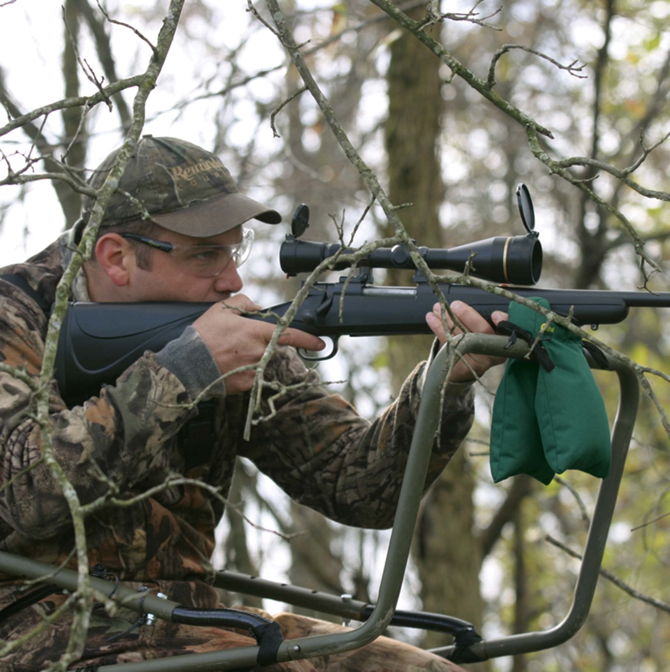 Caldwell Filled Blind Bag fitted to a standard bolt-action rifle in use