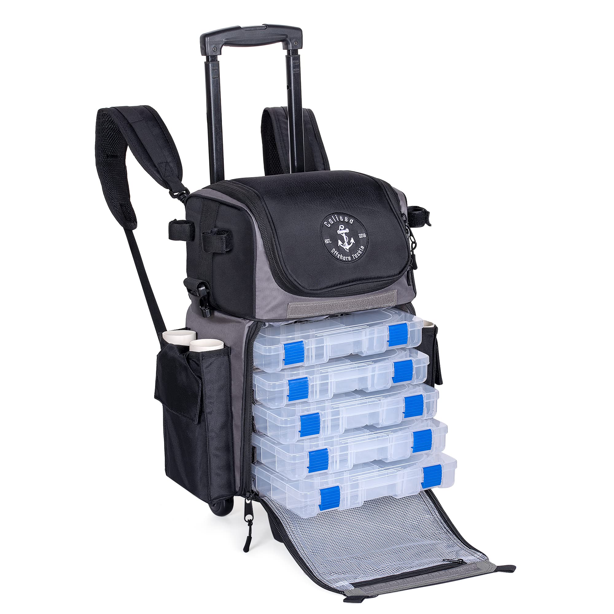 Calissa Recon rolling backpack front view shows rugged travel ready tackle storage