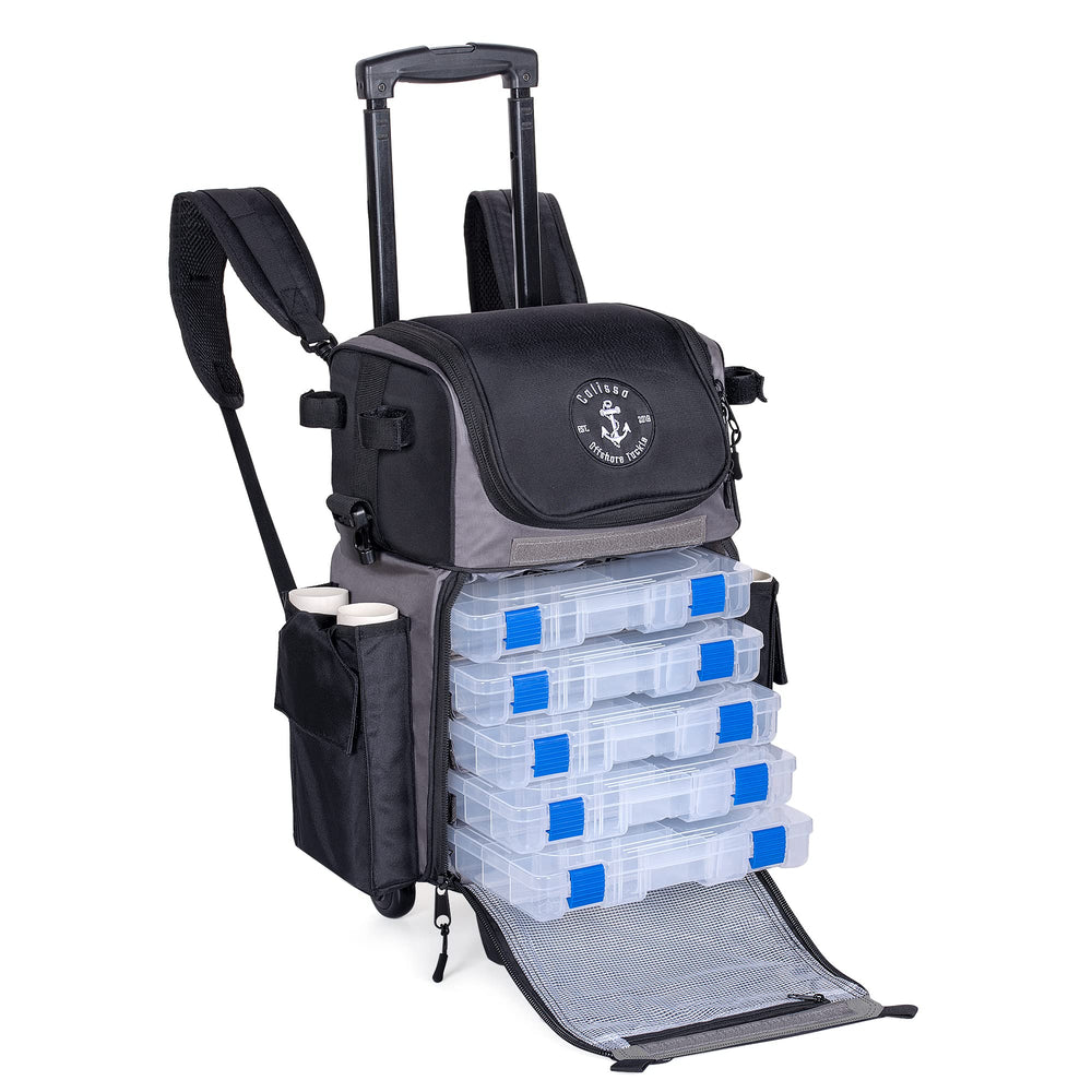 Calissa Recon rolling backpack front view shows rugged travel ready tackle storage