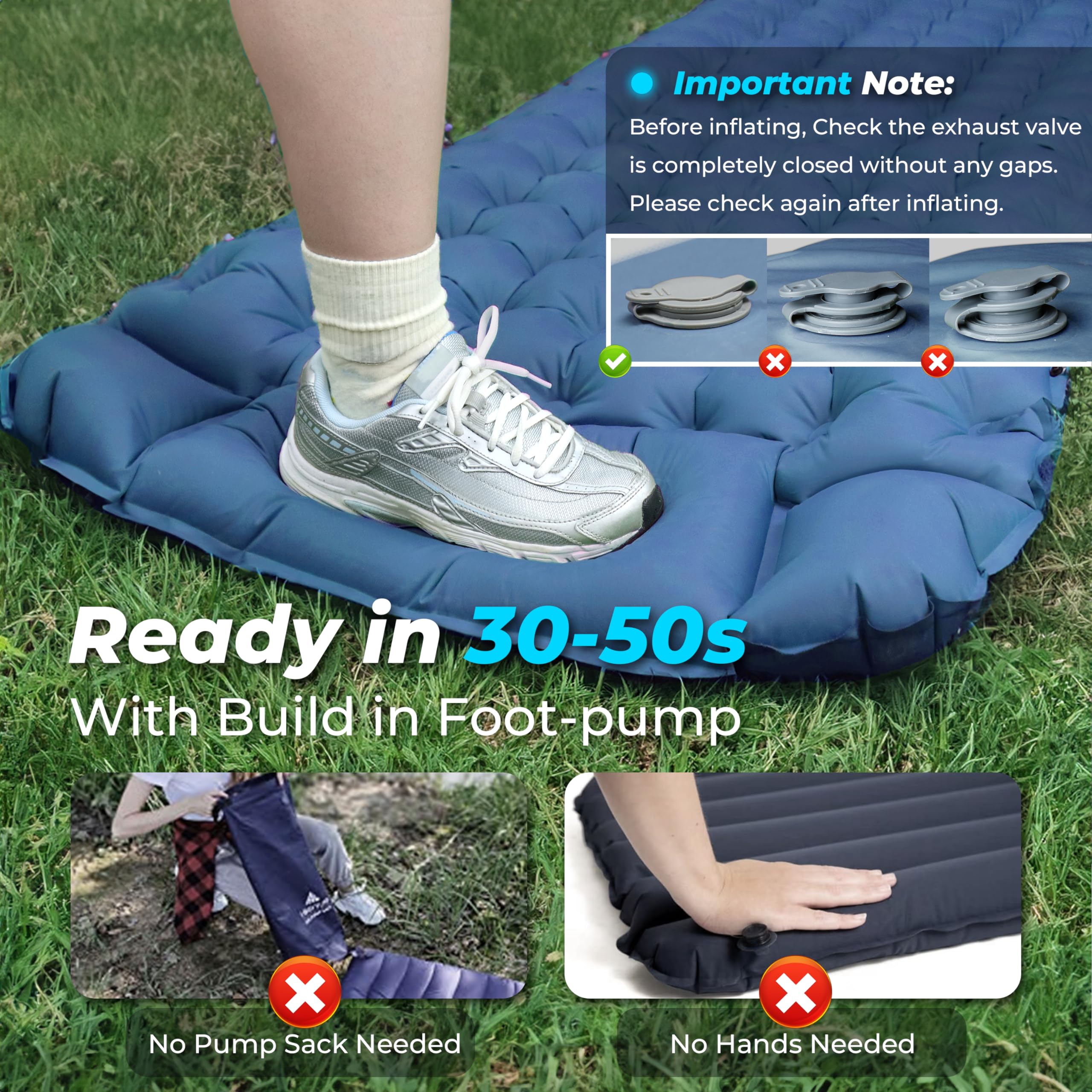 79x27 inch CALMCREST sleeping pad with 4-inch thickness and 6-inch pillow.