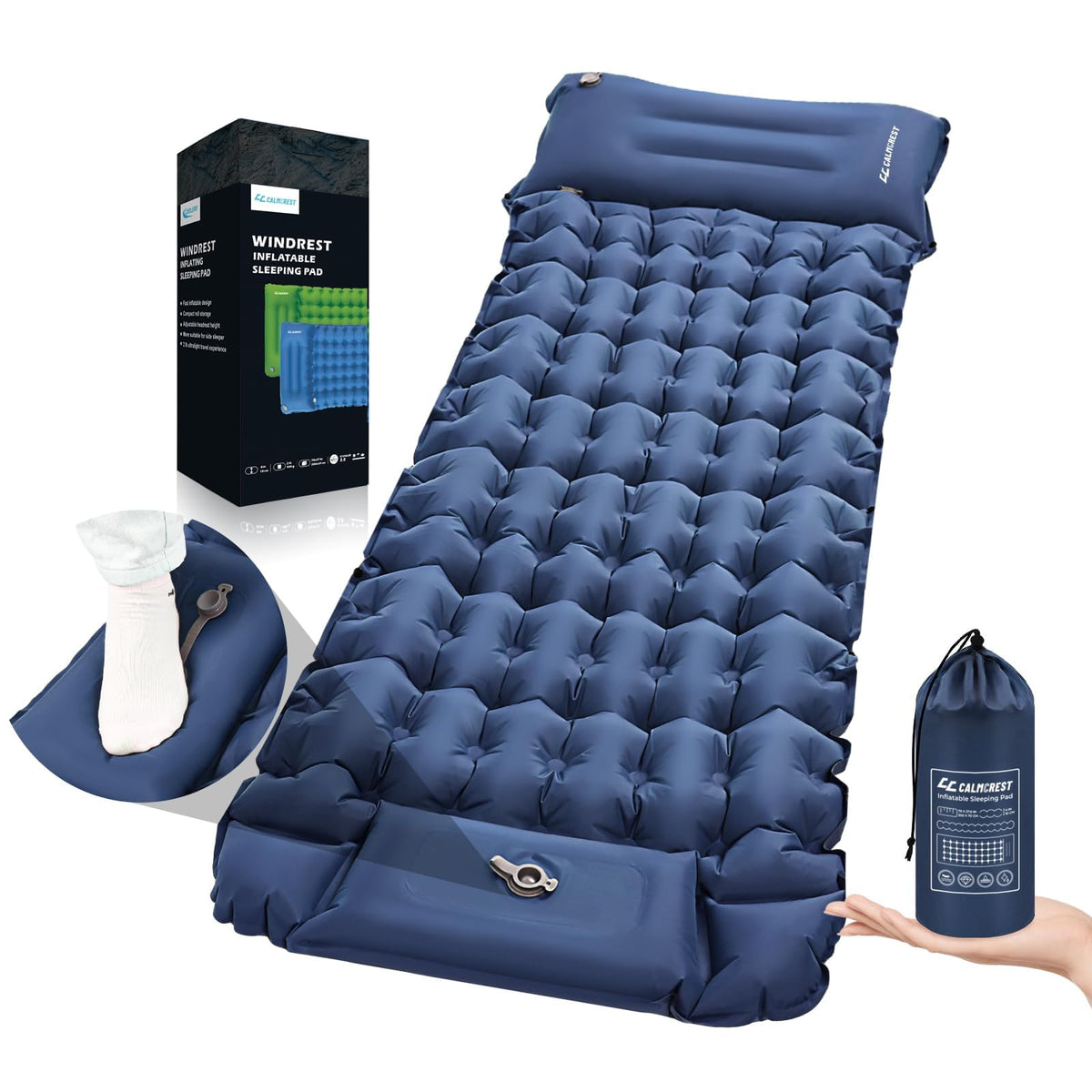 CALMCREST sleeping pad outdoors providing stable support on rocky terrain.