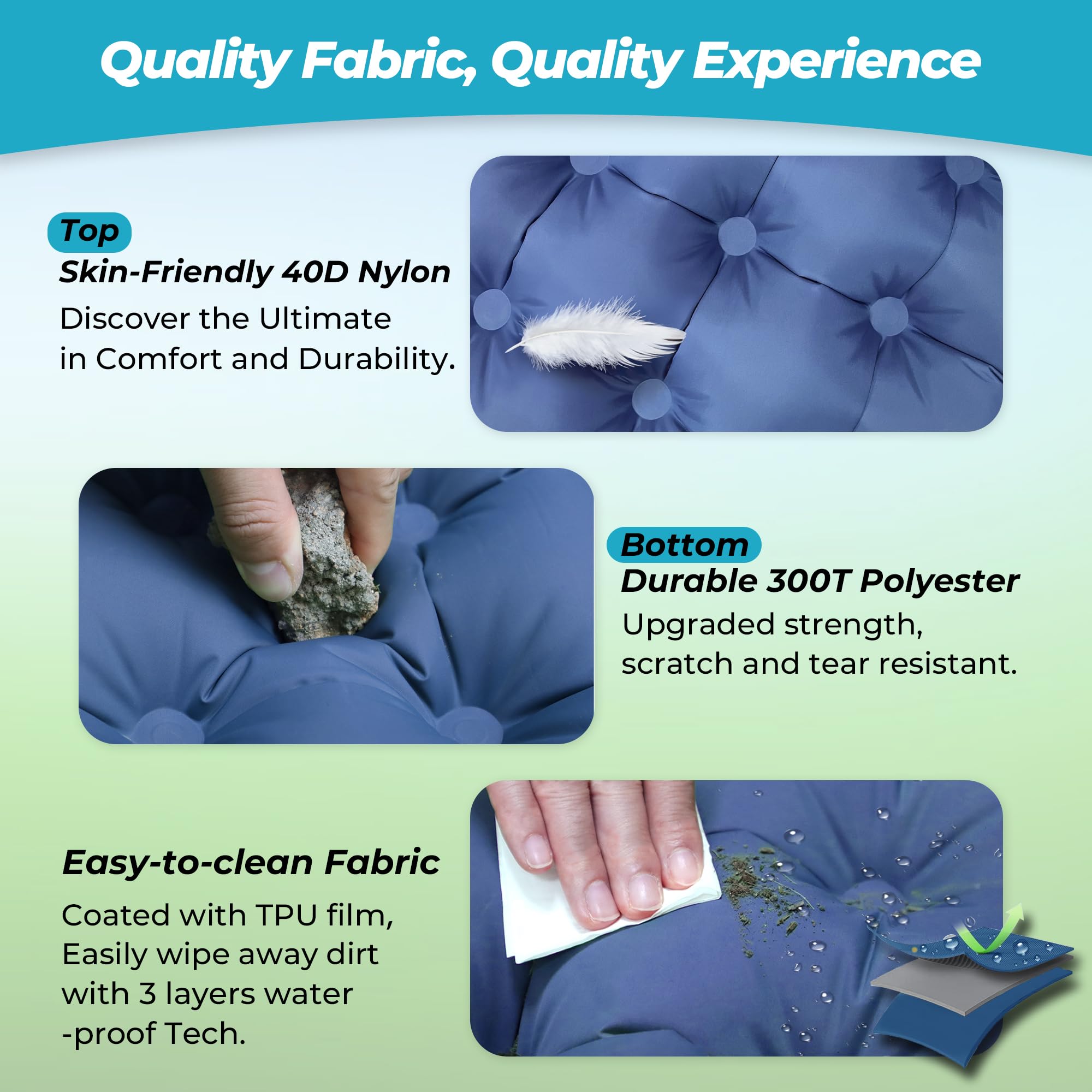 CALMCREST sleeping pad TPU-coated nylon surface offers durability and waterproofing.