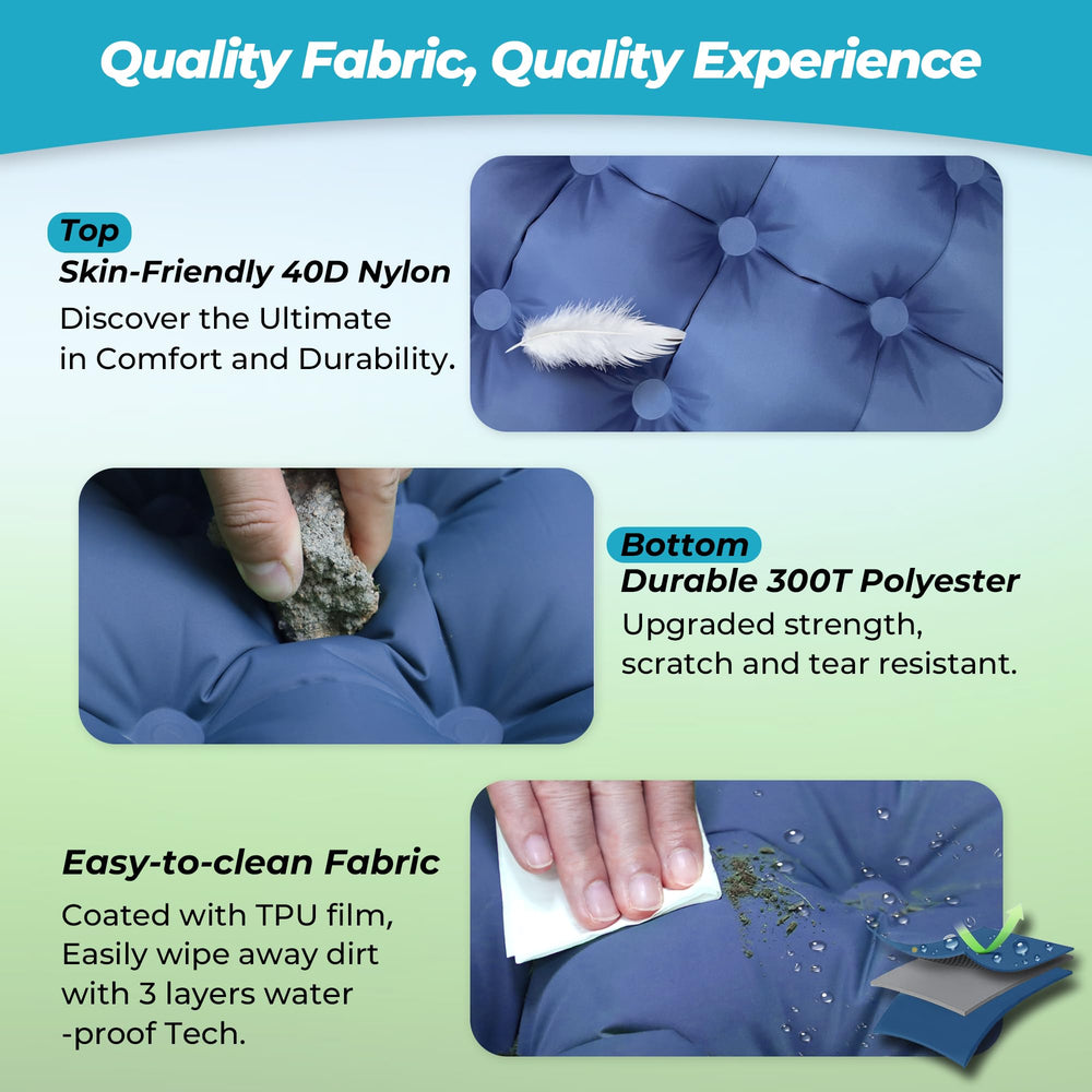 CALMCREST sleeping pad TPU-coated nylon surface offers durability and waterproofing.
