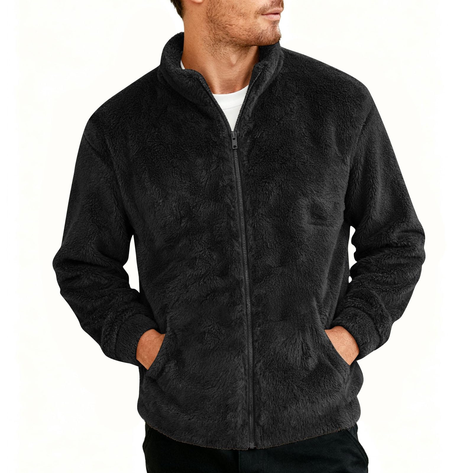Cambkatl men's sherpa jacket zipper detail for easy on off