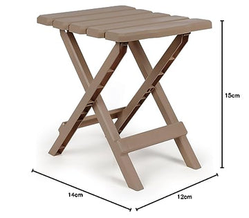 Camco taupe Adirondack table on patio with seating area outdoors.