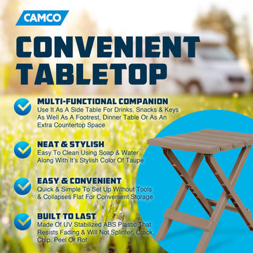 Side-table setup for drinks, snacks, and keys during an outdoor gathering with Camco.