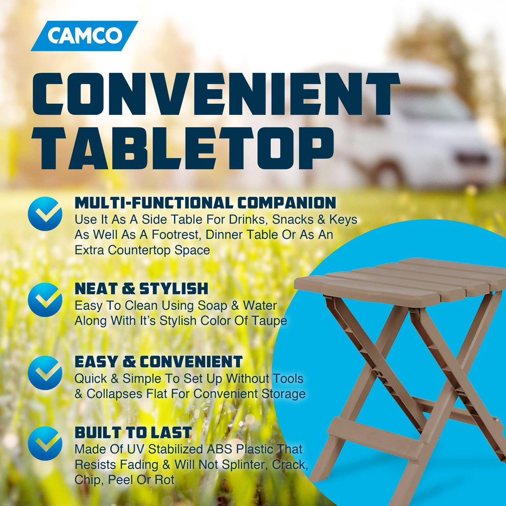 Side-table setup for drinks, snacks, and keys during an outdoor gathering with Camco.