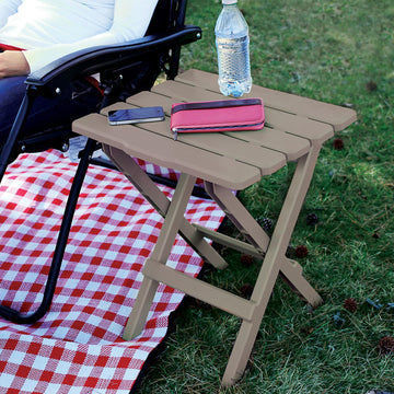 Durable taupe Camco Adirondack table blends with outdoor decor.