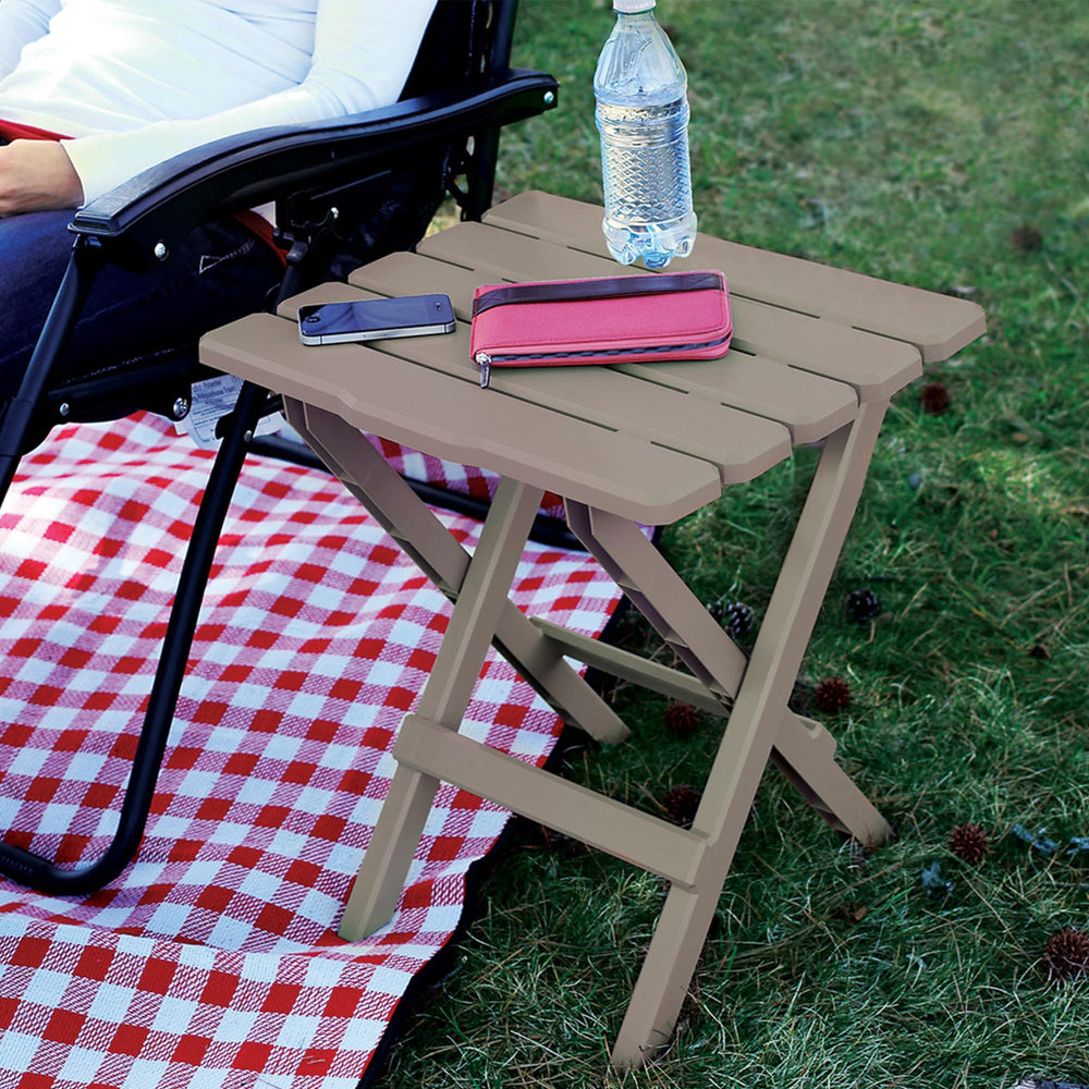Durable taupe Camco Adirondack table blends with outdoor decor.