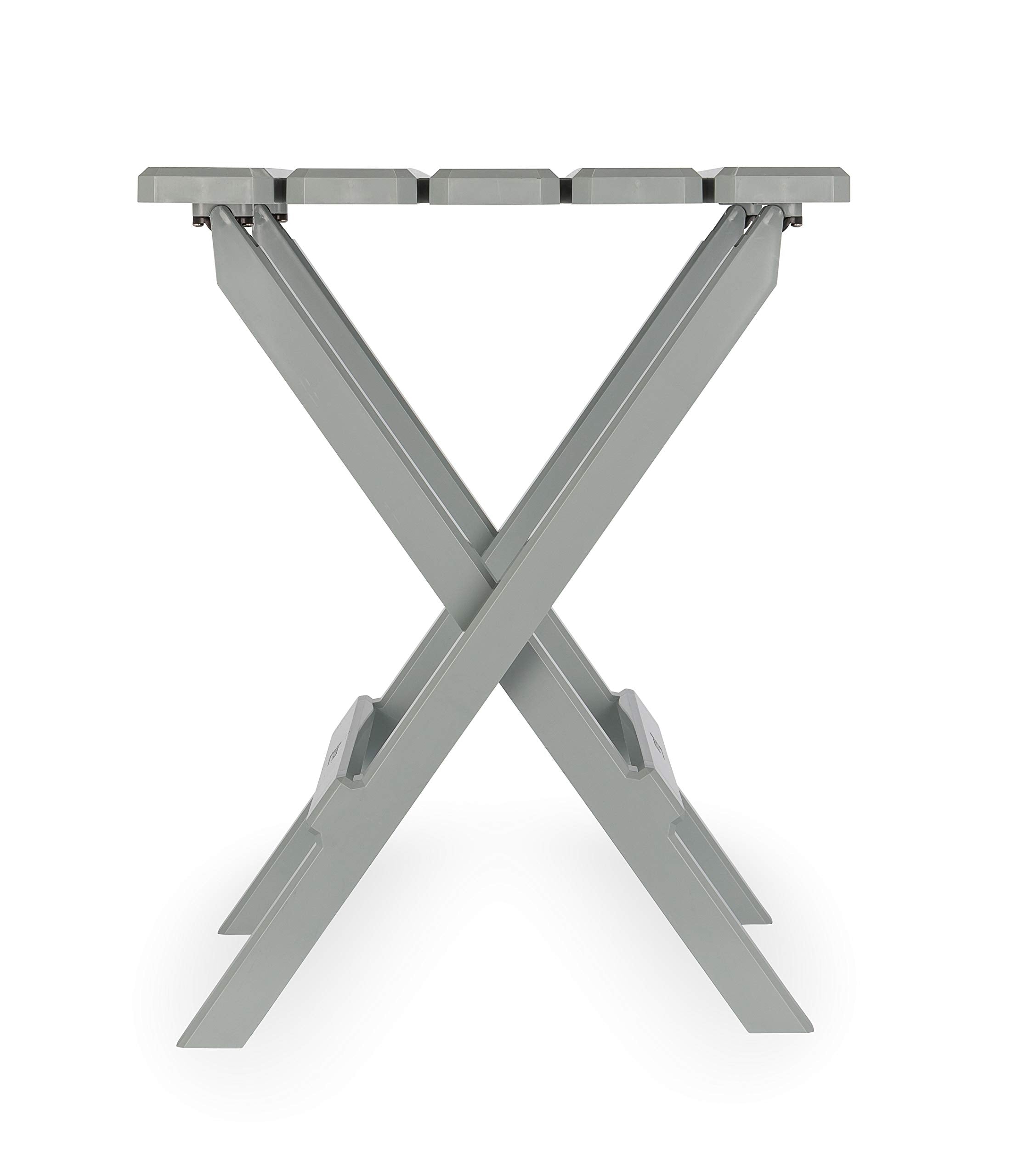 Camco 51692 gray Adirondack side table folded for compact storage after a sunny picnic.