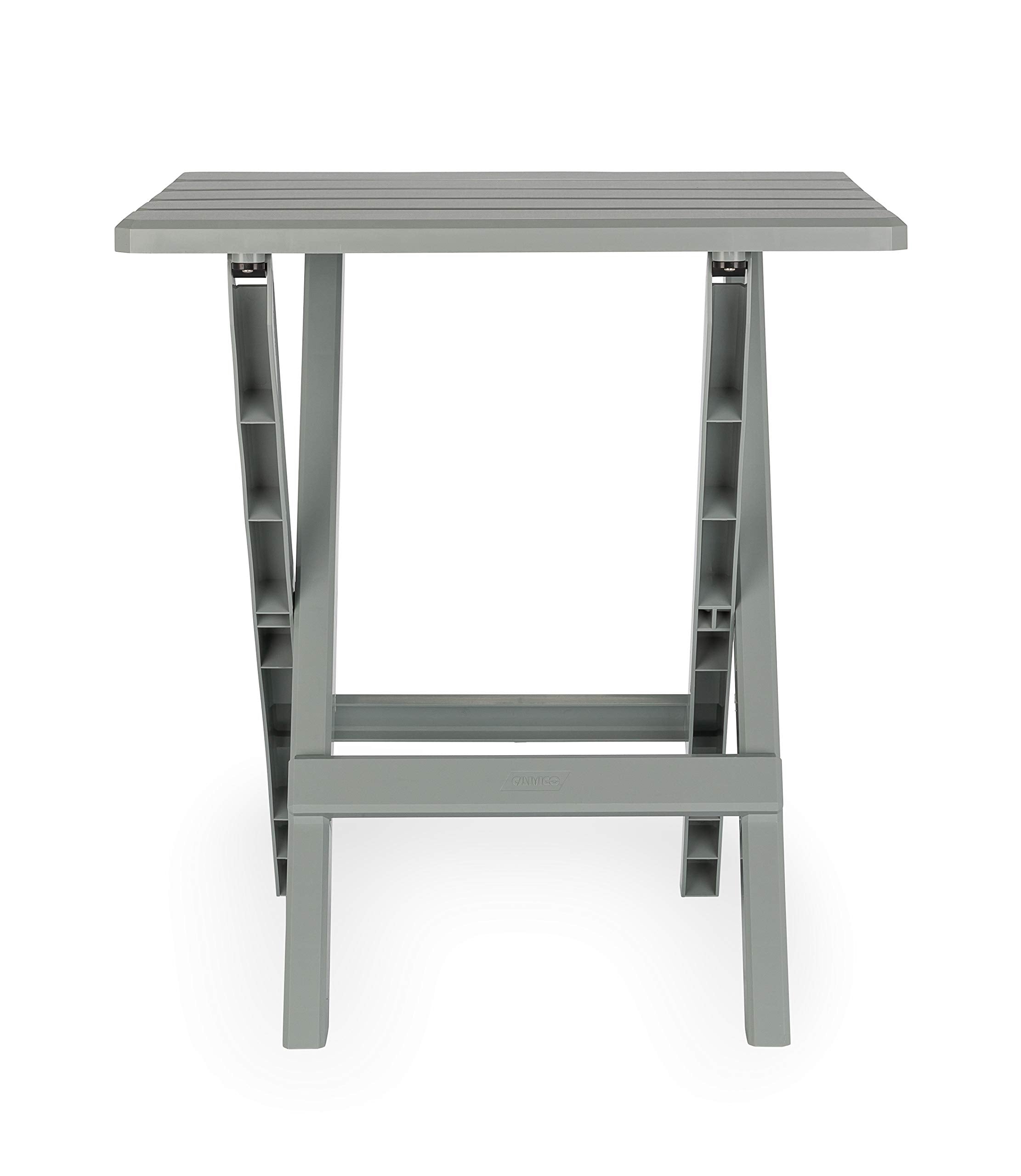 Camco 51692 gray Adirondack side table at the beach setup, weatherproof for outdoor use.