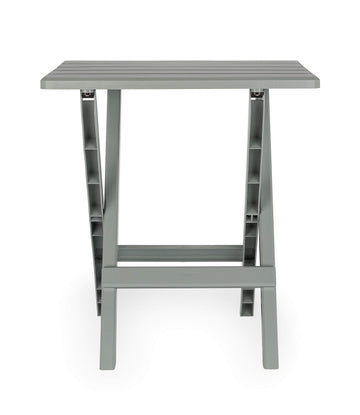 Camco 51692 gray Adirondack side table at the beach setup, weatherproof for outdoor use.