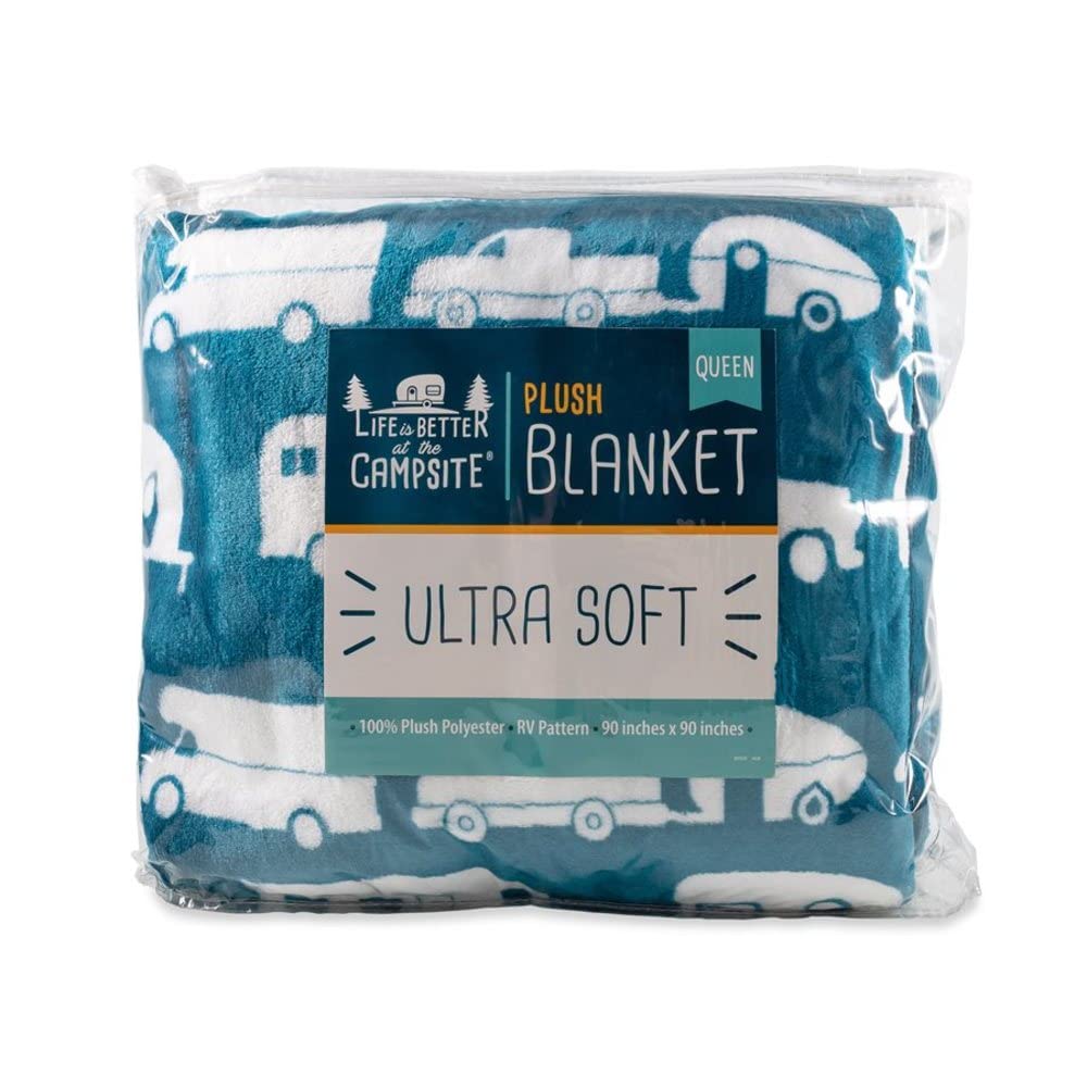 Camco plush blanket blue full spread demonstrates soft texture and easy care.