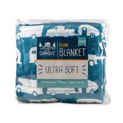 Camco plush blanket blue full spread demonstrates soft texture and easy care.