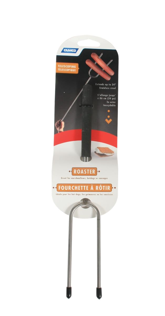 Camco camping roasting fork in use for marshmallows and sausages