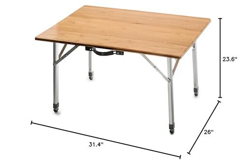 Camco bamboo-top table folds flat for compact RV storage.