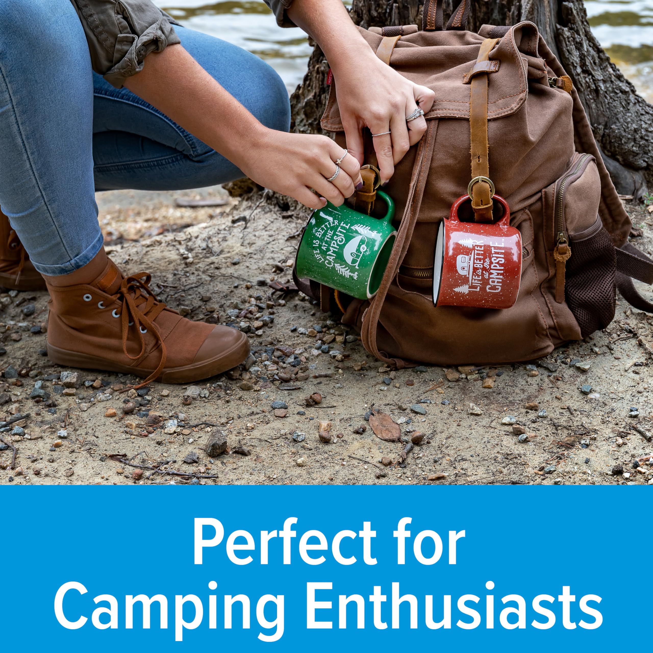 Camco blue campsite mug: vibrant color and durable ceramic for RV trips.