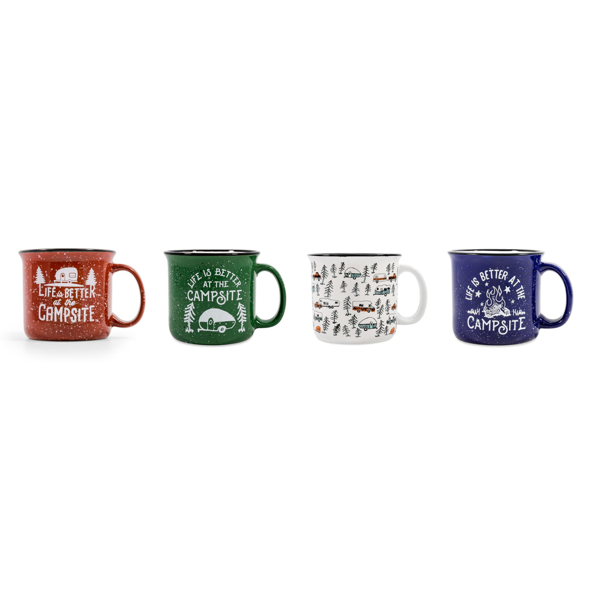 Camco red campsite mug: durable ceramic for coffee by the campfire.