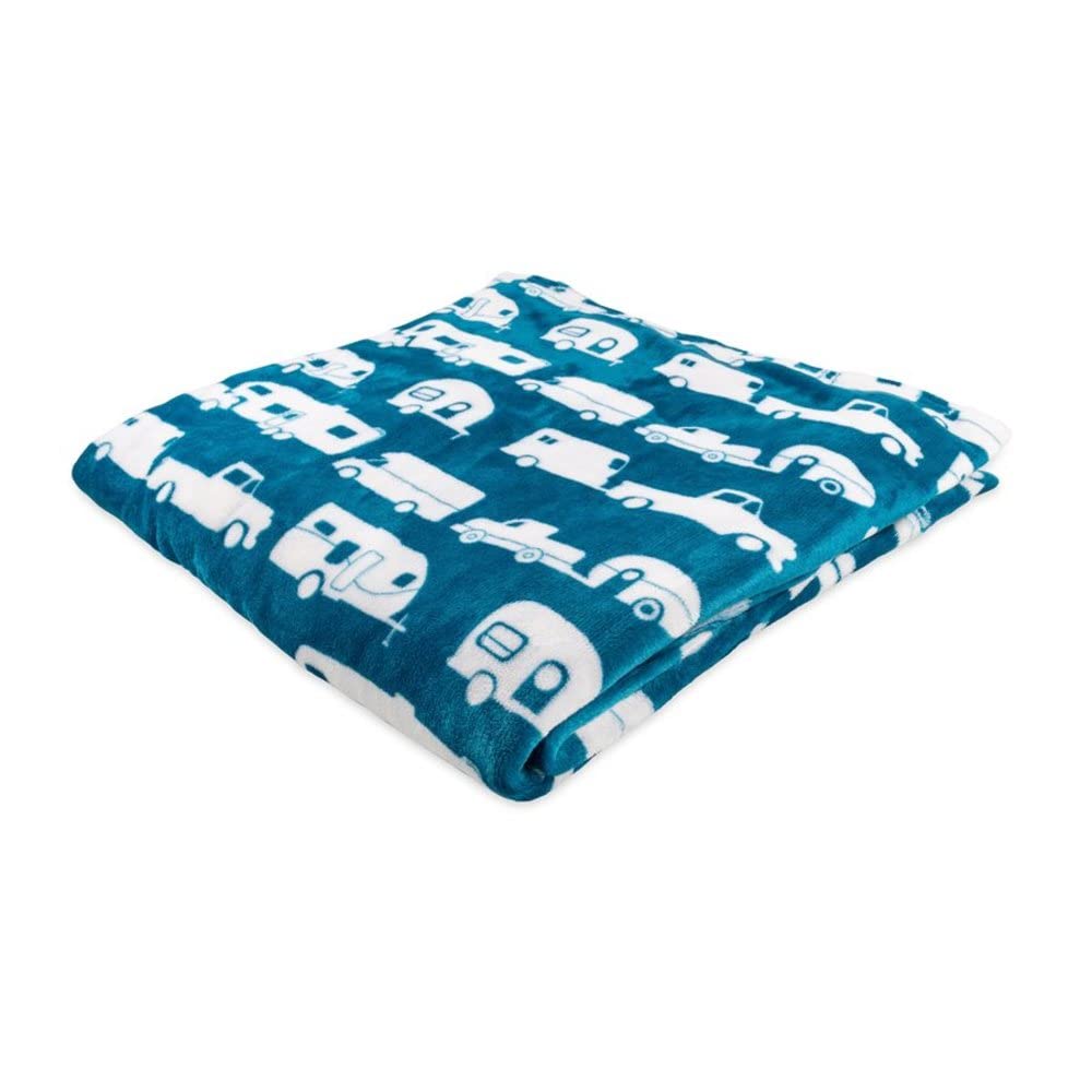 Camco queen-size blue blanket spread flat for couch or bed warmth.