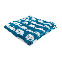 Camco queen-size blue blanket spread flat for couch or bed warmth.