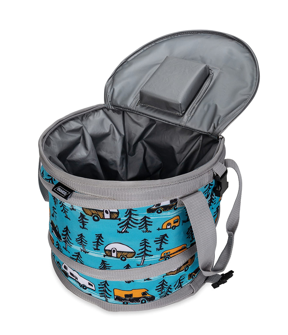 Camco Life is Better at the Campsite Pop-Up Cooler with the lid open and bottle opener visible.
