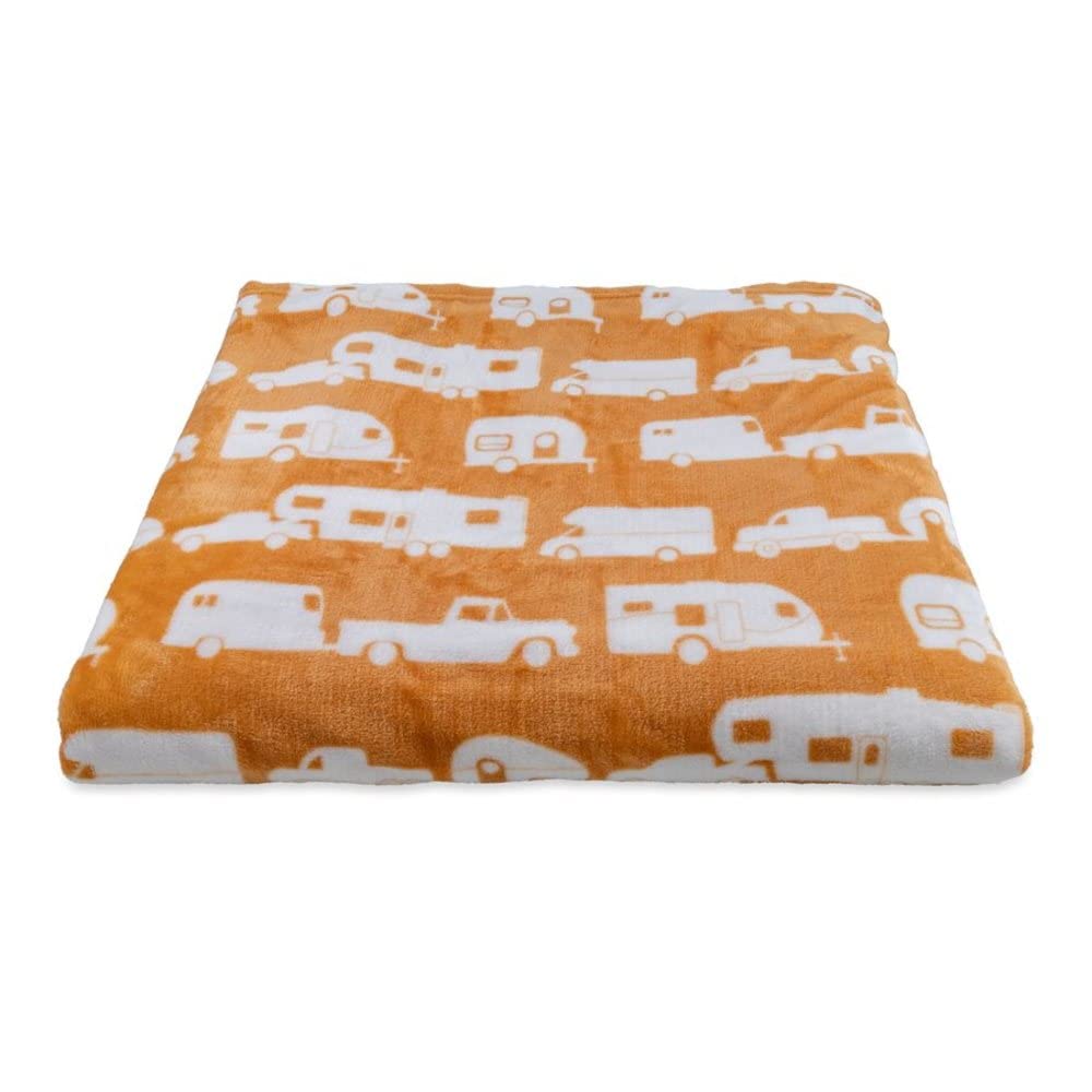 Camco Life is Better at the Campsite blanket in queen size on a bed for cozy warmth