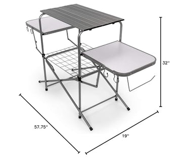 Camco Olympian Deluxe table side shelves provide convenient utensil storage.