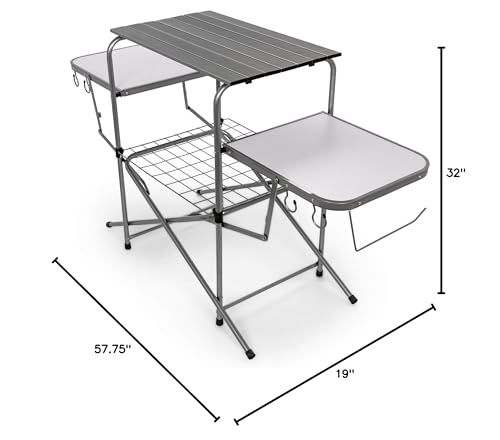Camco Olympian Deluxe table side shelves provide convenient utensil storage.