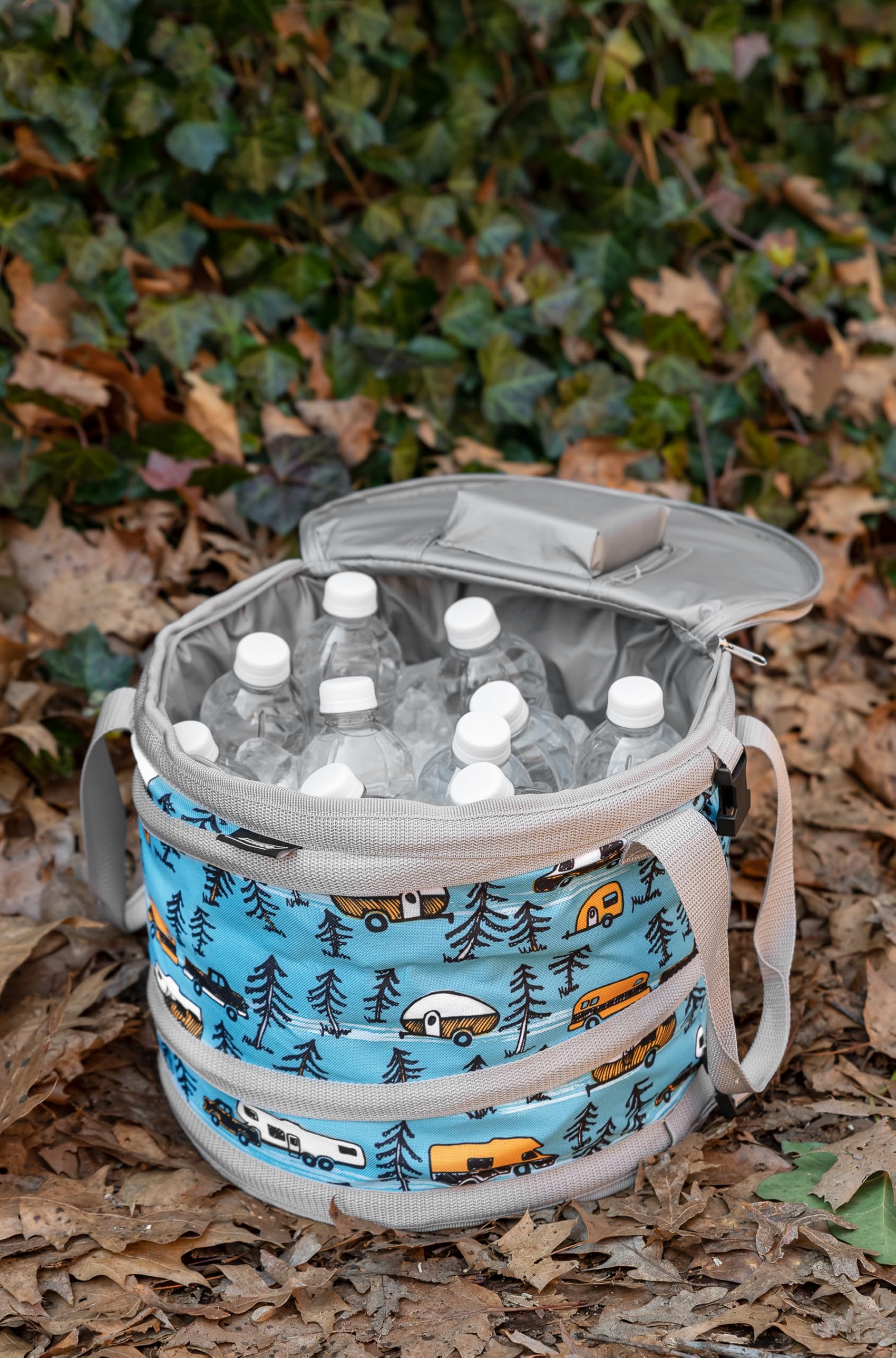 Camco Pop-Up Cooler with built-in bottle opener for easy drinks access.
