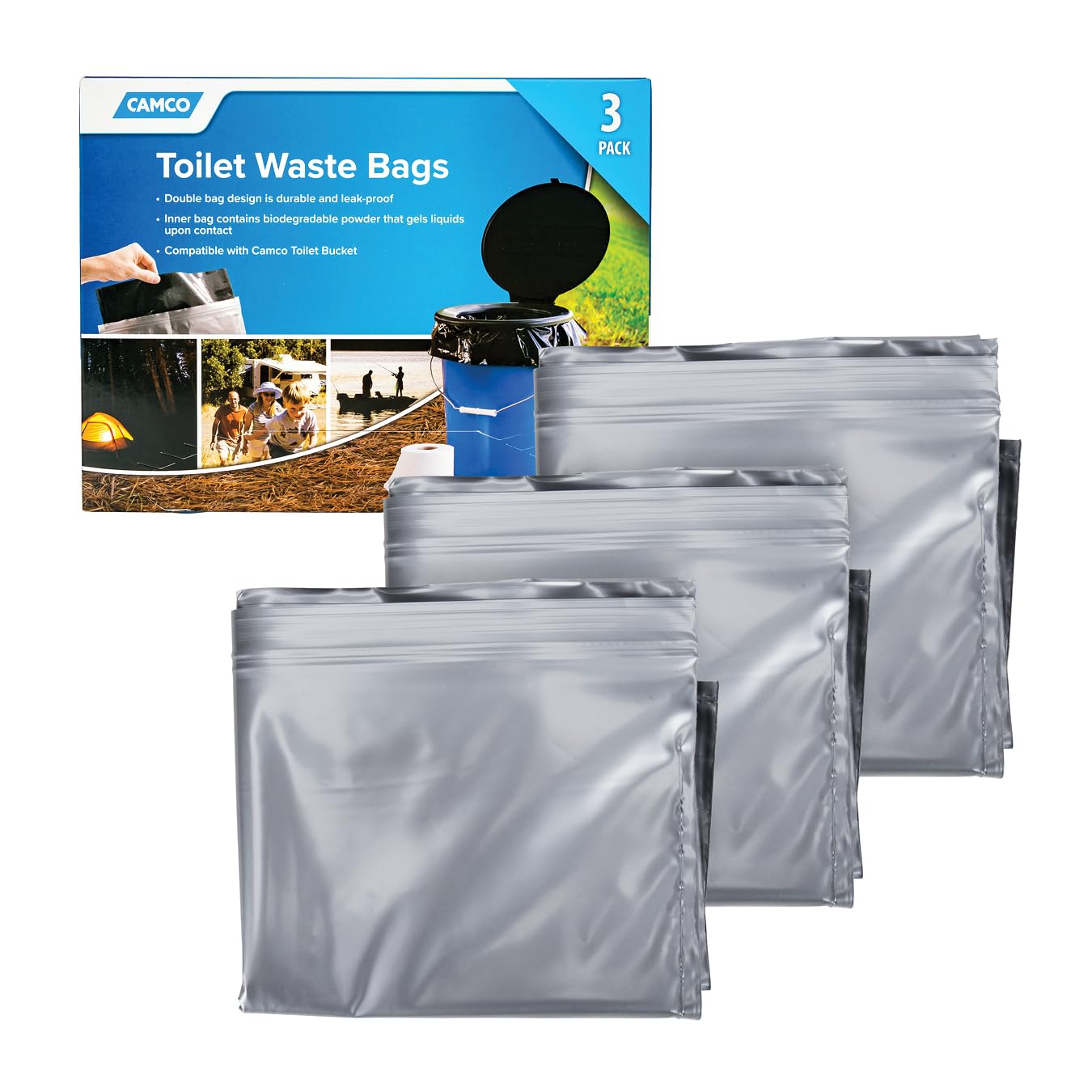 Camco toilet waste bags with durable double-bag design for leak prevention during camping