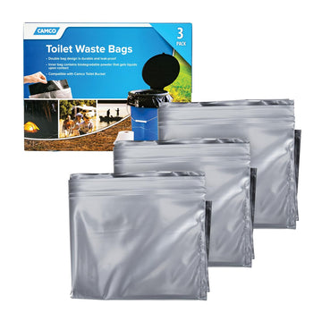 Camco toilet waste bags with durable double-bag design for leak prevention during camping