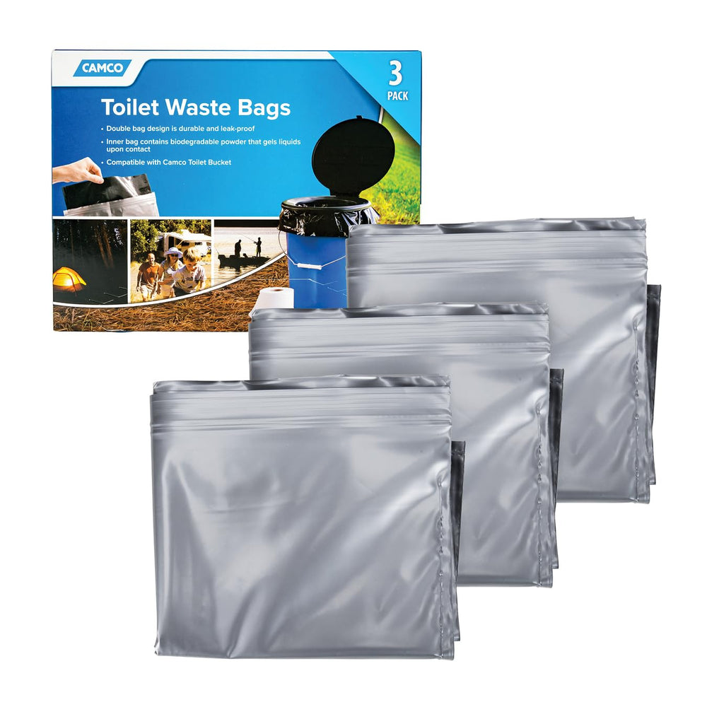 Camco toilet waste bags with durable double-bag design for leak prevention during camping