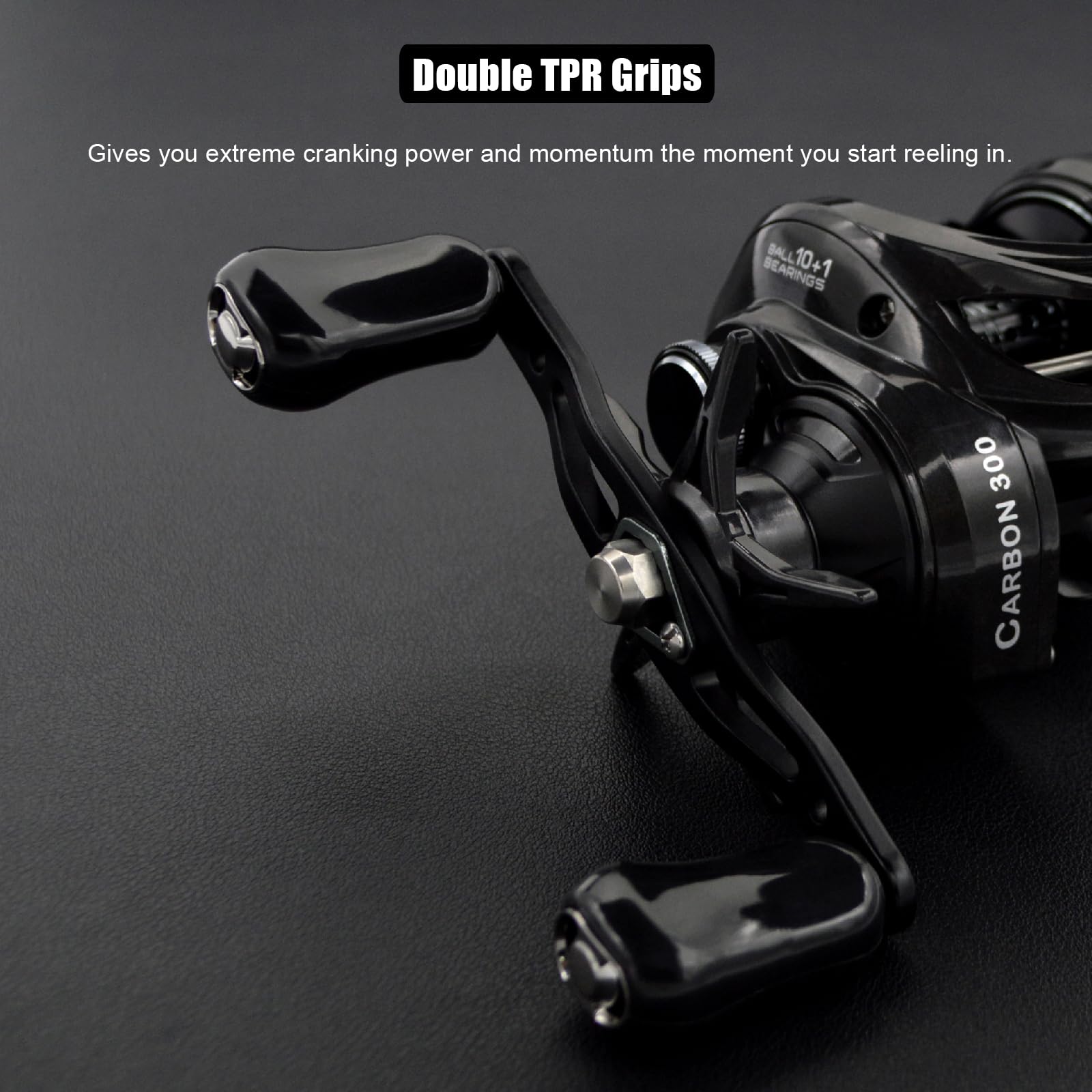Camekoon Carbon 300 reel handle grips provide confident cranking and reduced fatigue.