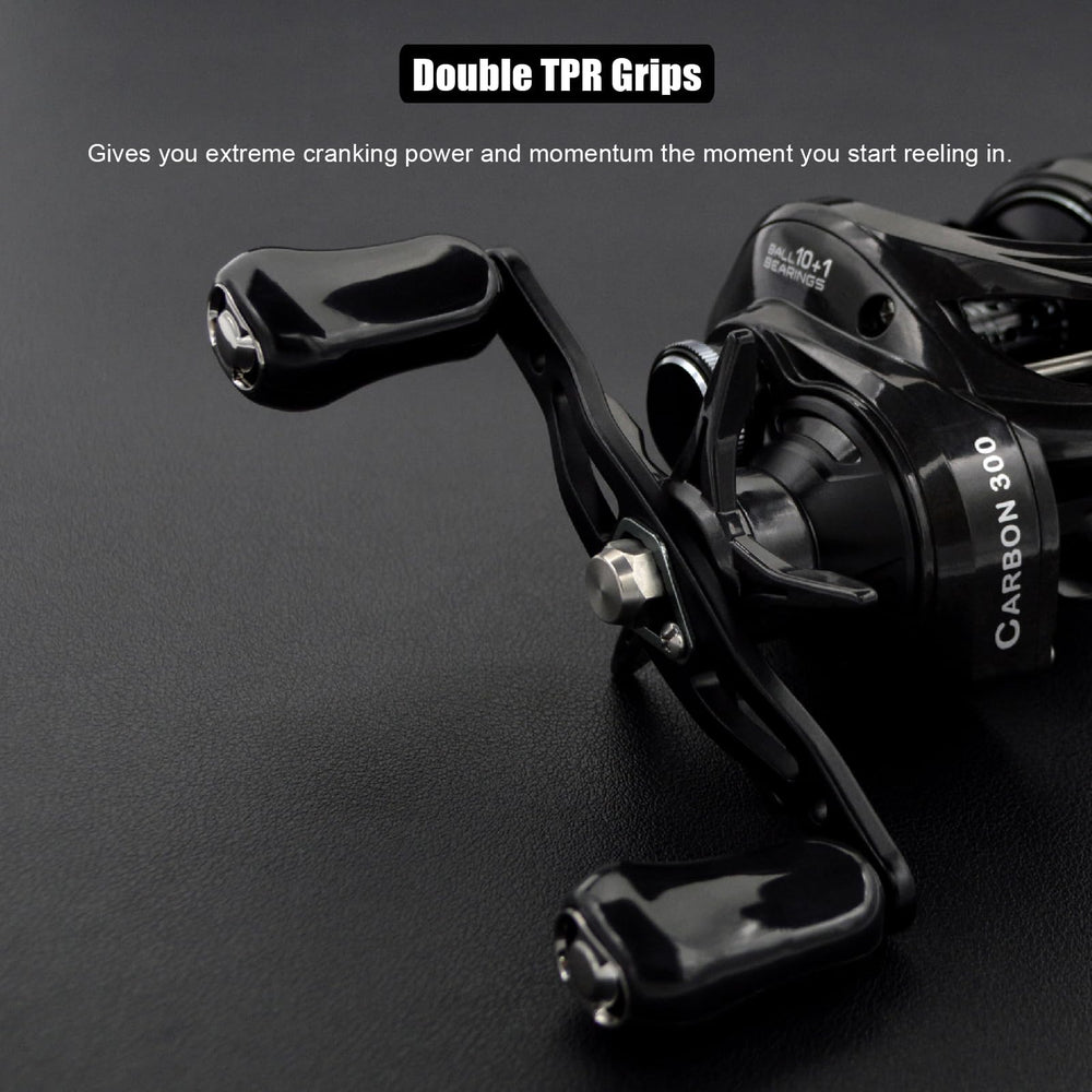 Camekoon Carbon 300 reel handle grips provide confident cranking and reduced fatigue.