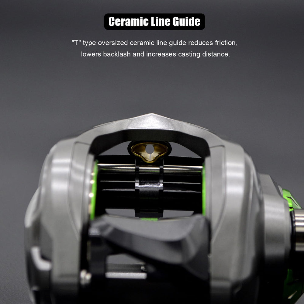 Saltwater-ready components: brass worm shaft and carbon fiber line guide