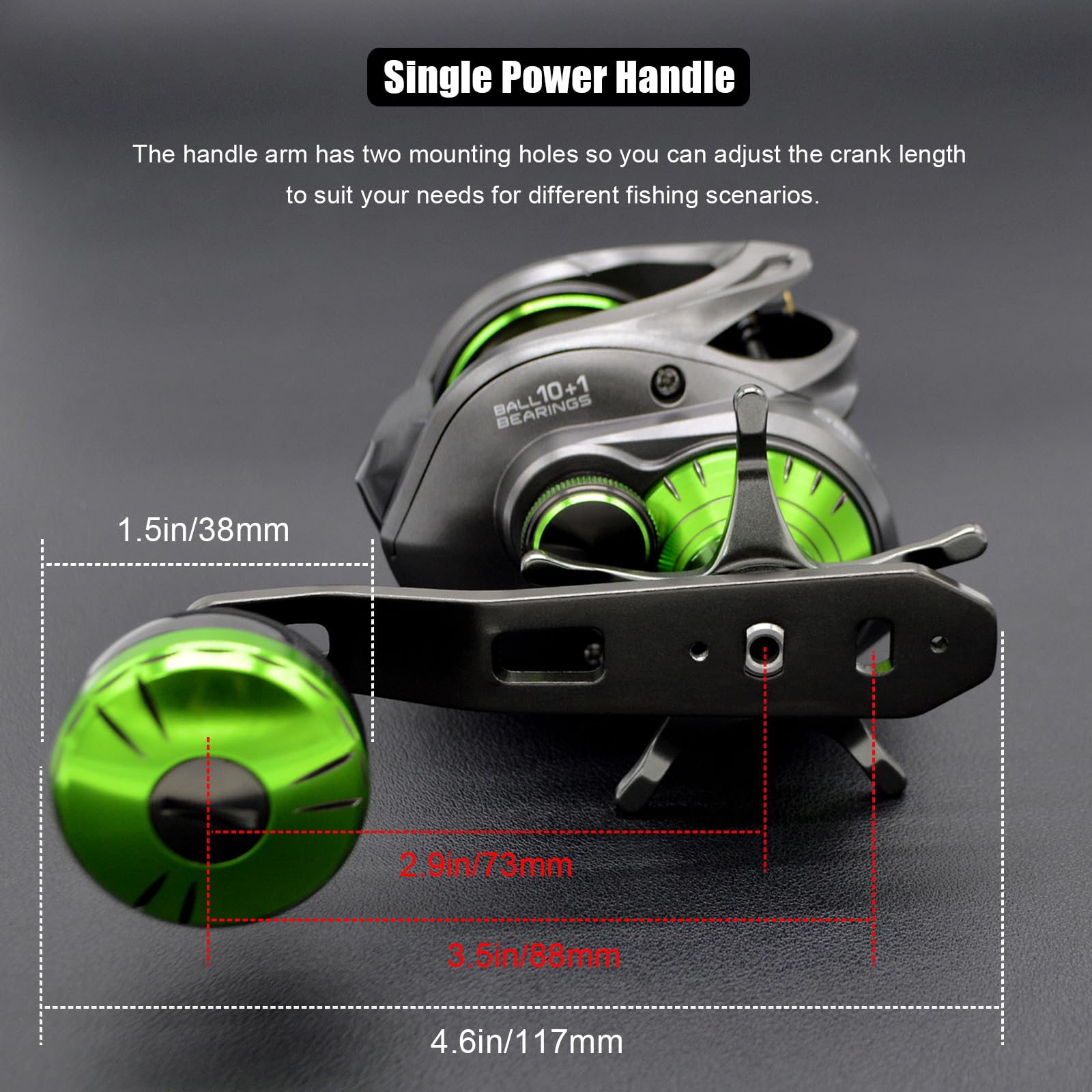 Right- or left-hand retrieve with 4.4-inch aluminum handle