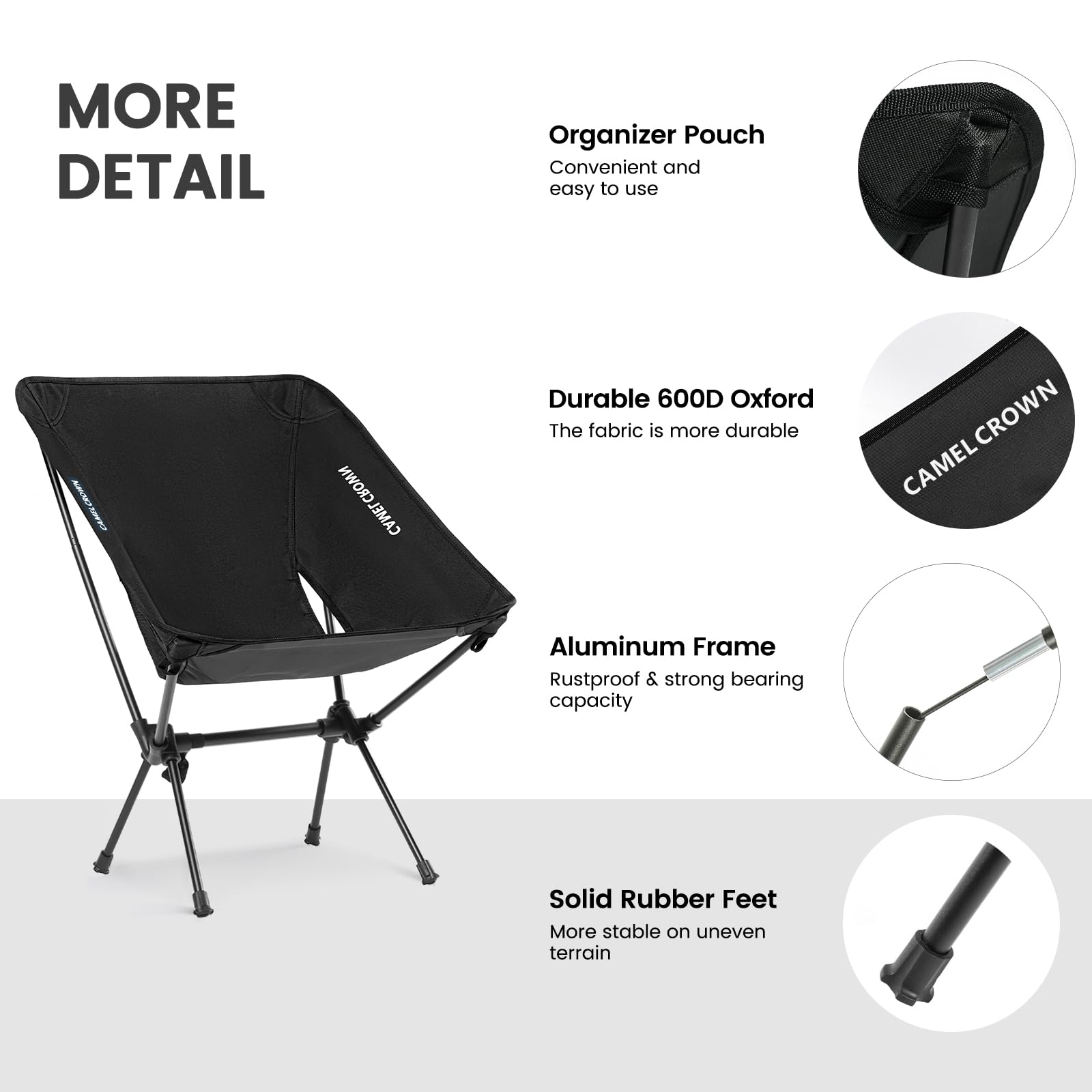 CAMEL CROWN portable camping chair aluminum frame construction supports reliable strength.
