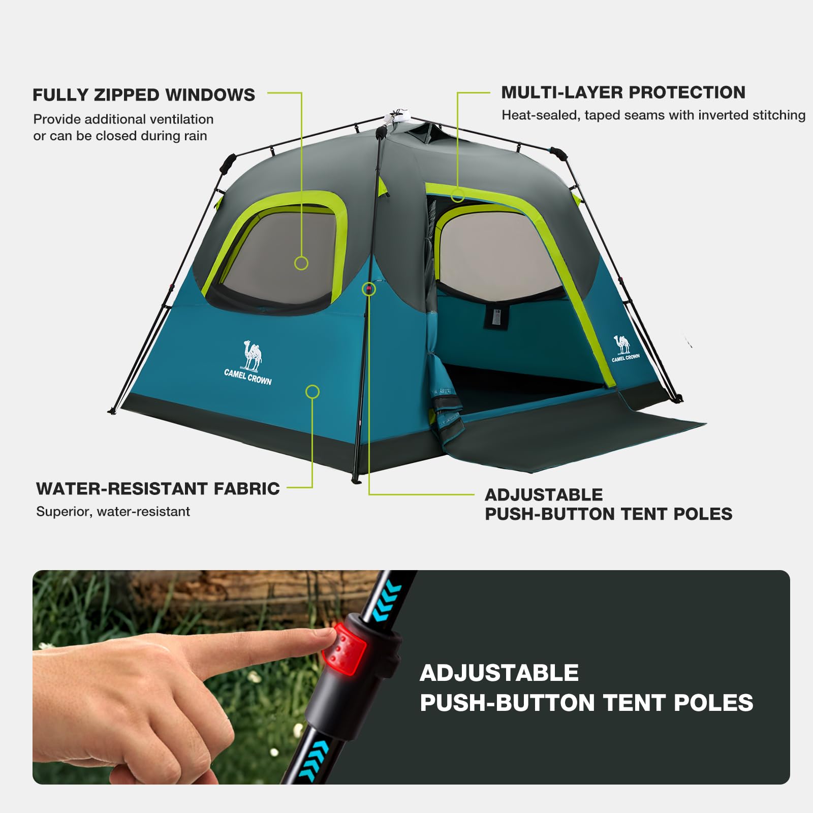 CAMEL CROWN ink-blue tent door and windows provide views and ventilation