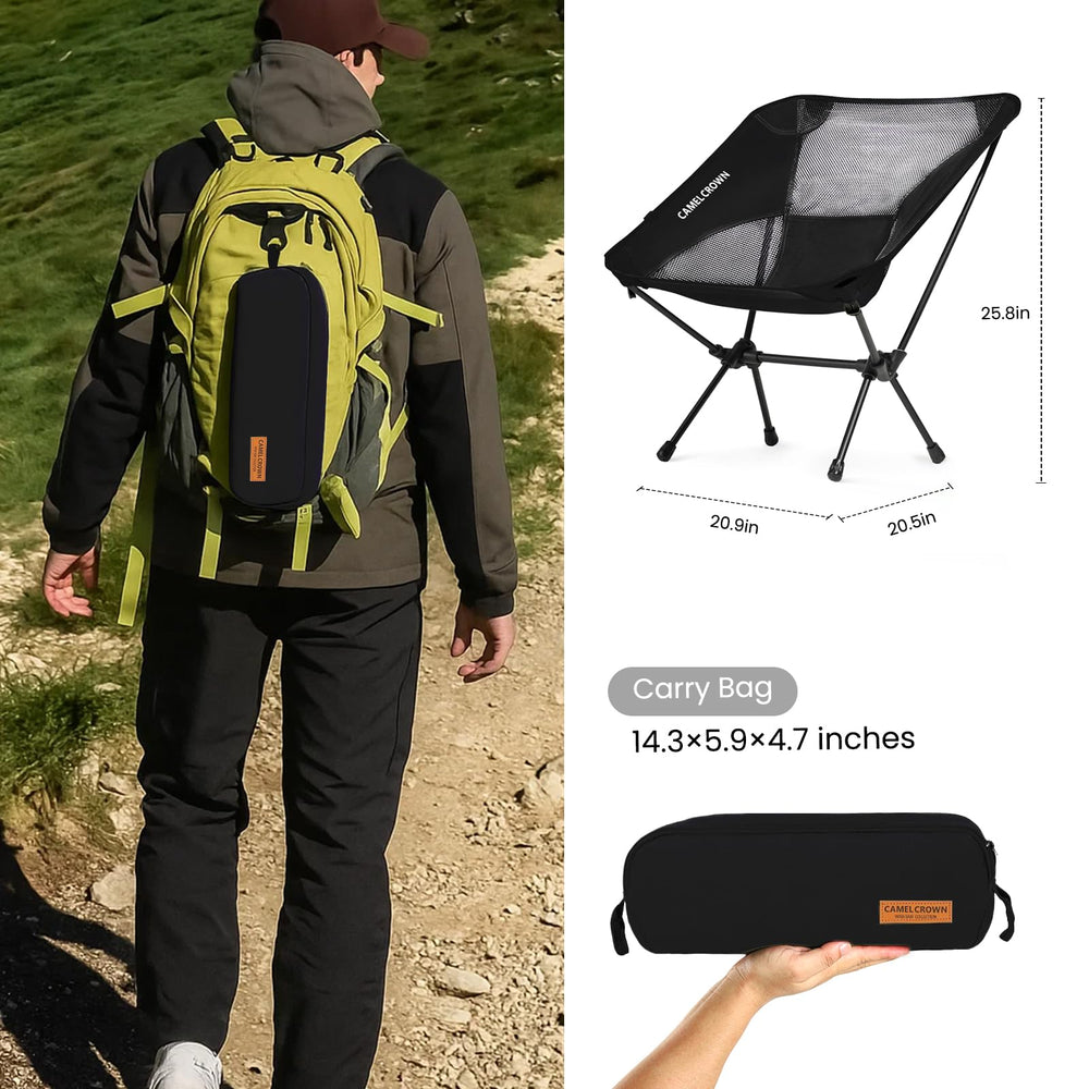 Camel Crown portable camping chair in backpack-friendly setup for hikes and trips.