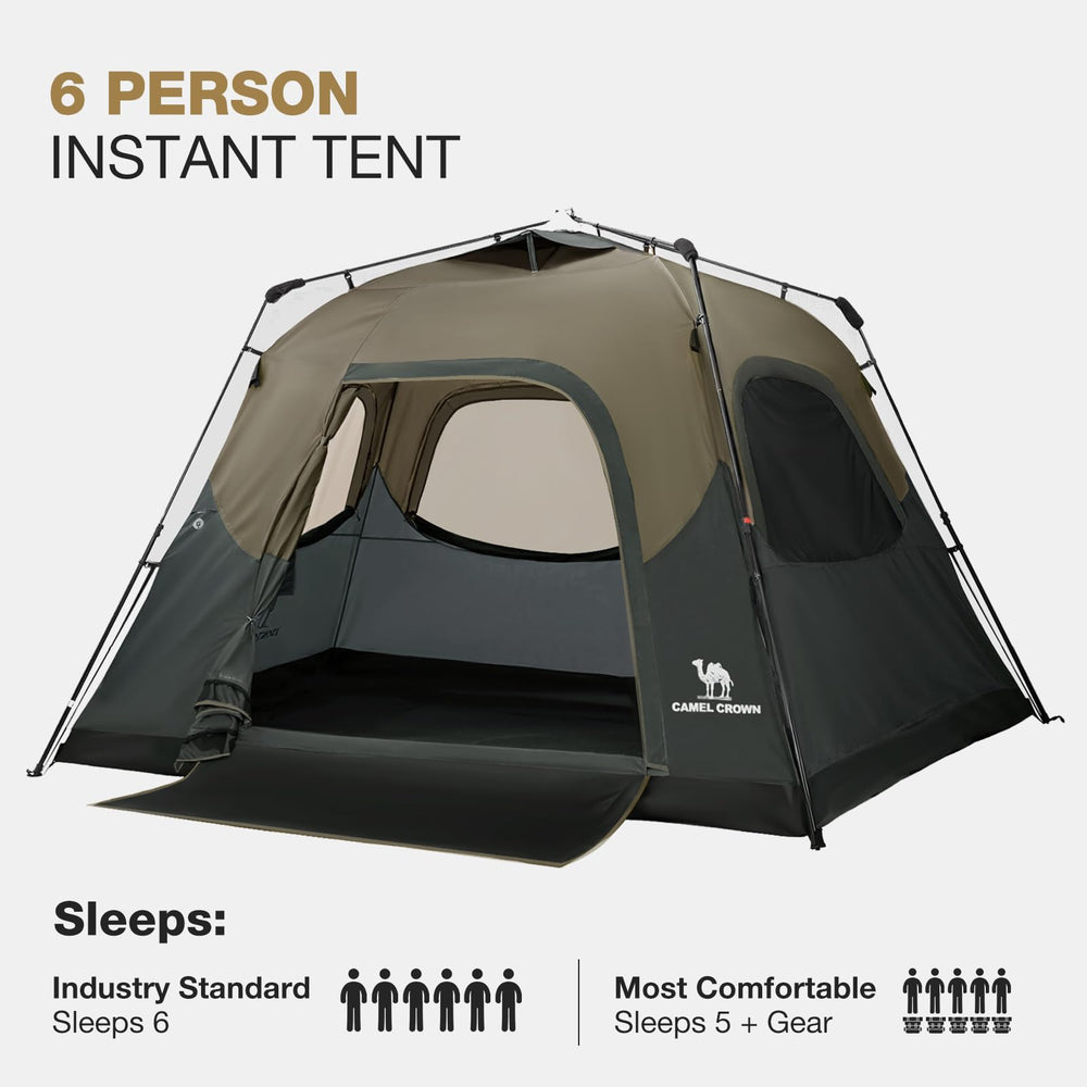 Camel Crown sandy brown tent in dusk setting conveys cozy outdoor vibe